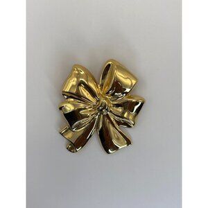 Vintage Gold Tone Ribbon Bow Shiny Brooch Pin